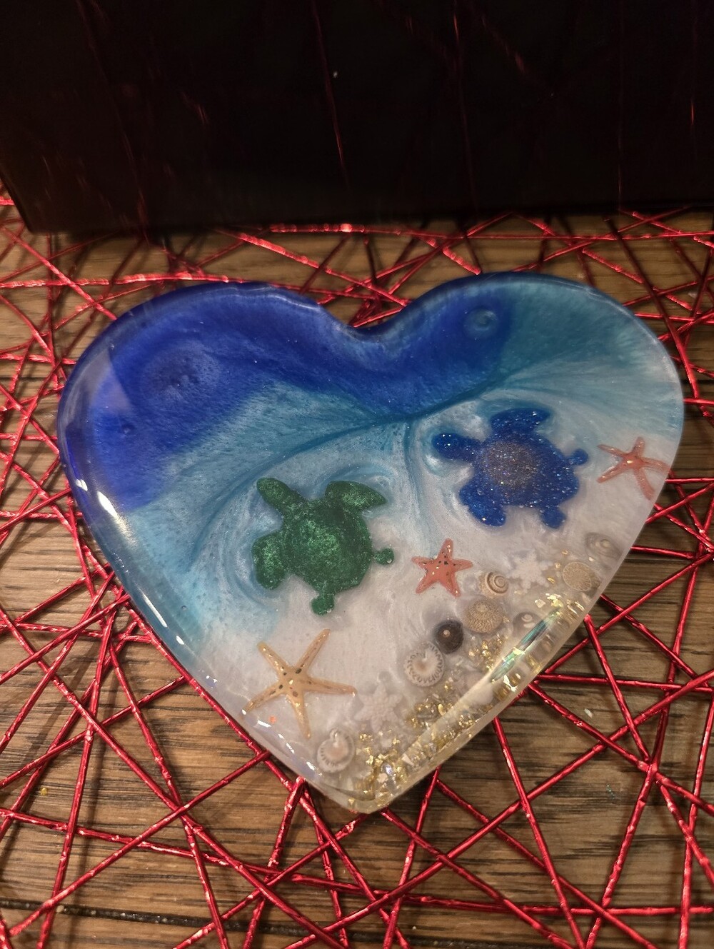 Handcrafted Ocean Heart Resin Tray with Blue and Green Turtles - Home Accents